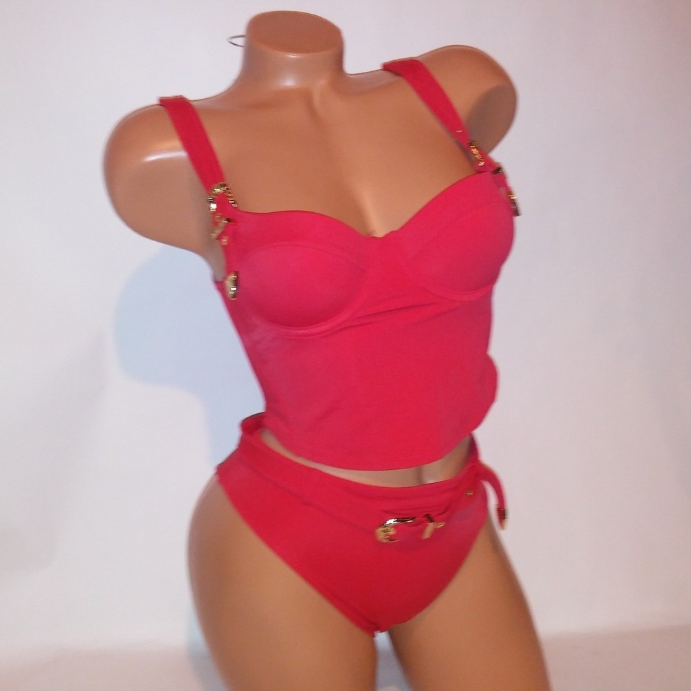 Victoria Secret PINK Swim Bikini Medium Top Small Bottom Solid Red Long Line New